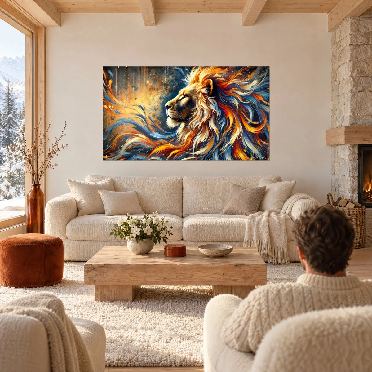 Wall art of a lion in profile with a blazing orange and blue mane, gold signature, hung above a sofa in a bright living room