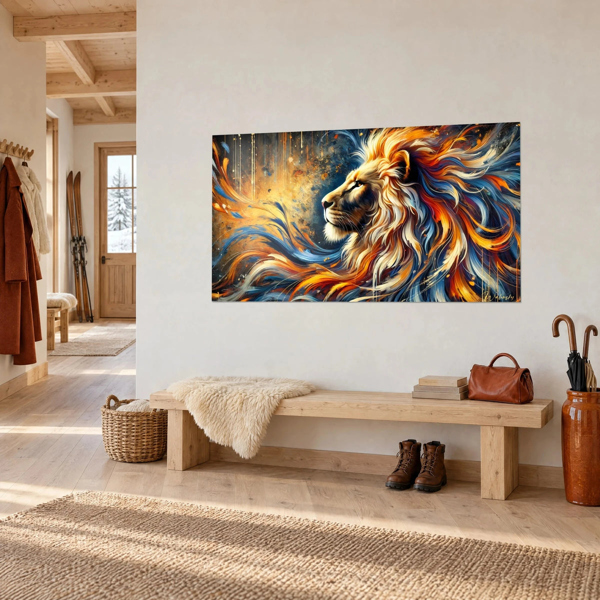Tableau félin majestueux au regard ambré, crinière ivoire et rouge en mèches fouettées, fond doré, banc de bois d'un chalet