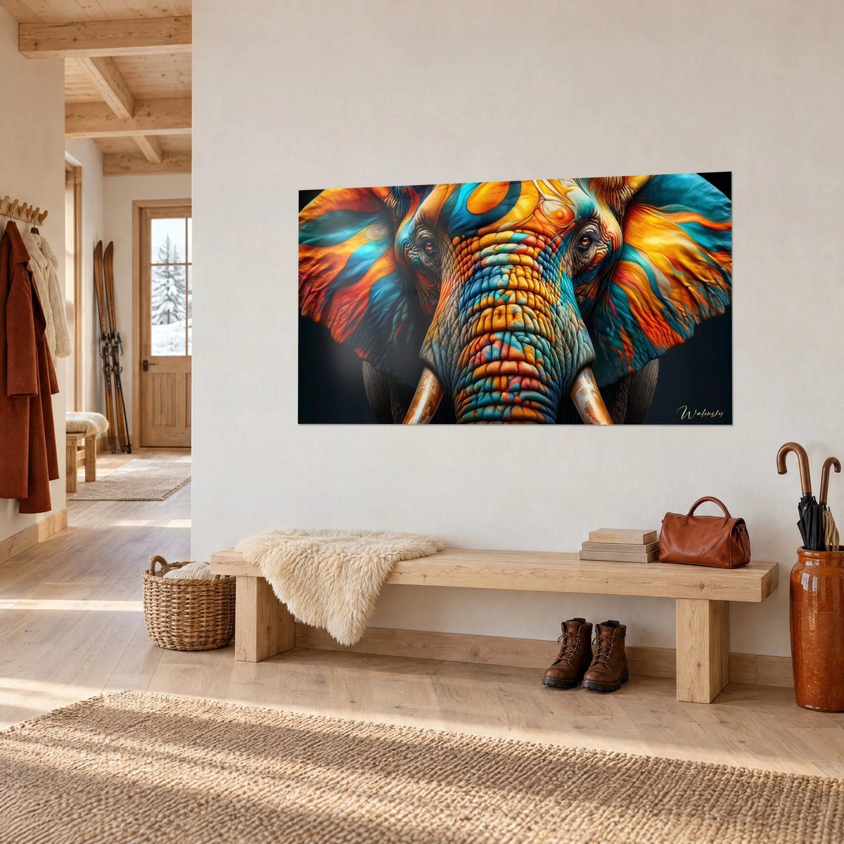 Wall art pachyderm with a blue and amber striped forehead, trunk with vivid scales, facing a light wood entryway bench in the chalet