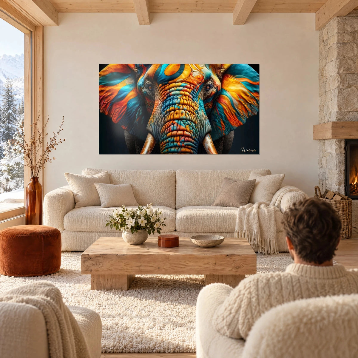 Wall art elephant with orange and turquoise marbled ears, ivory tusks, above a sofa in a bright living room