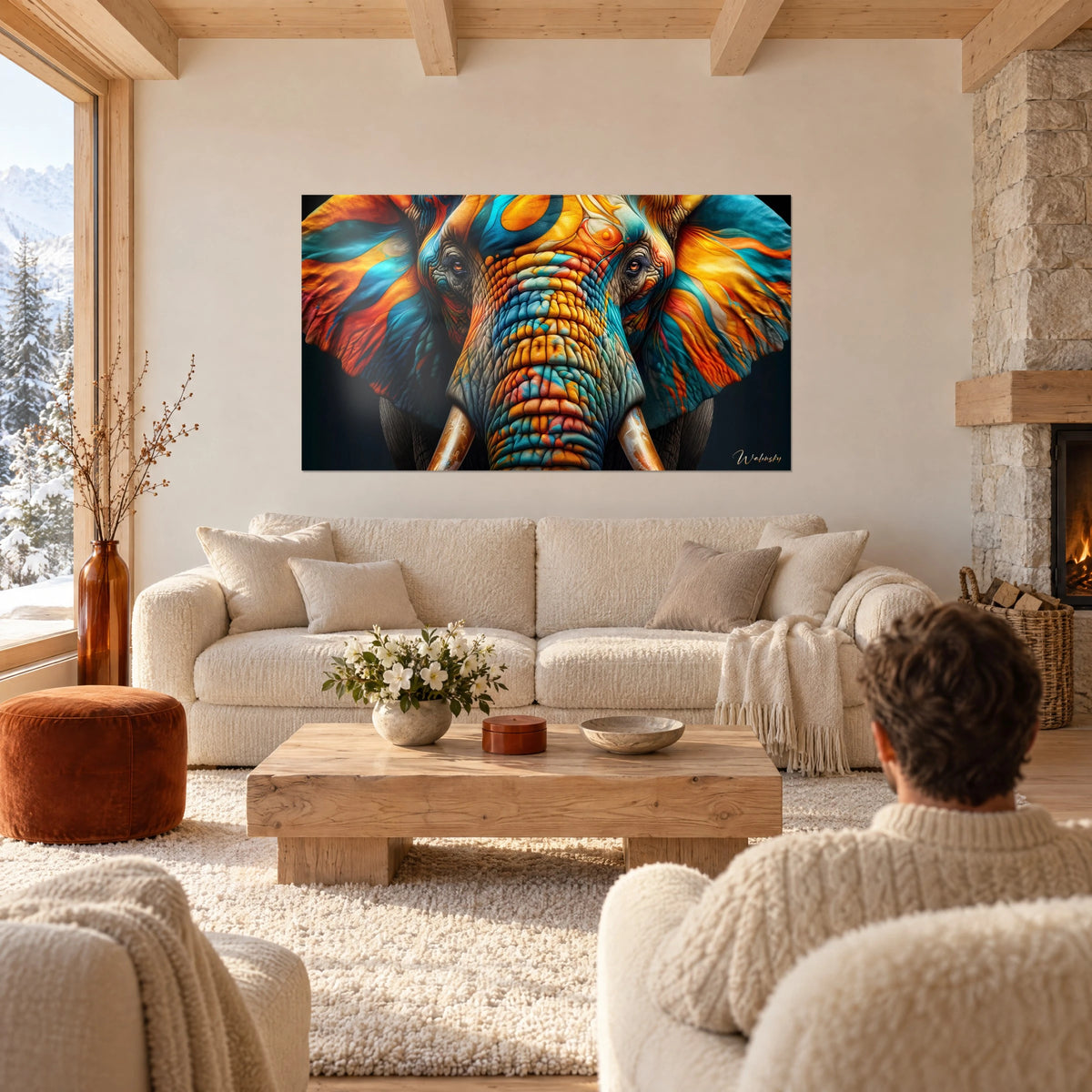 Quadro di elefante con orecchie marmorizzate in arancio e turchese, zanne d'avorio, sopra un divano in un soggiorno luminoso