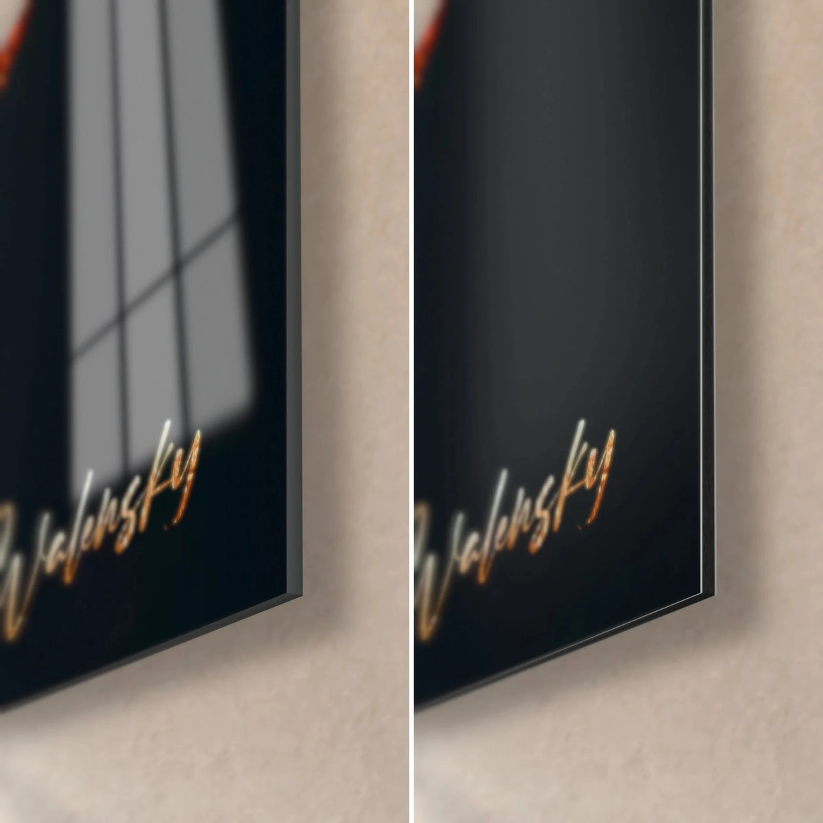 Colorful elephant wall art, bottom right corner: glossy acrylic glass with reflections and matte black Dibond aluminum, 3 mm edge, gold signature