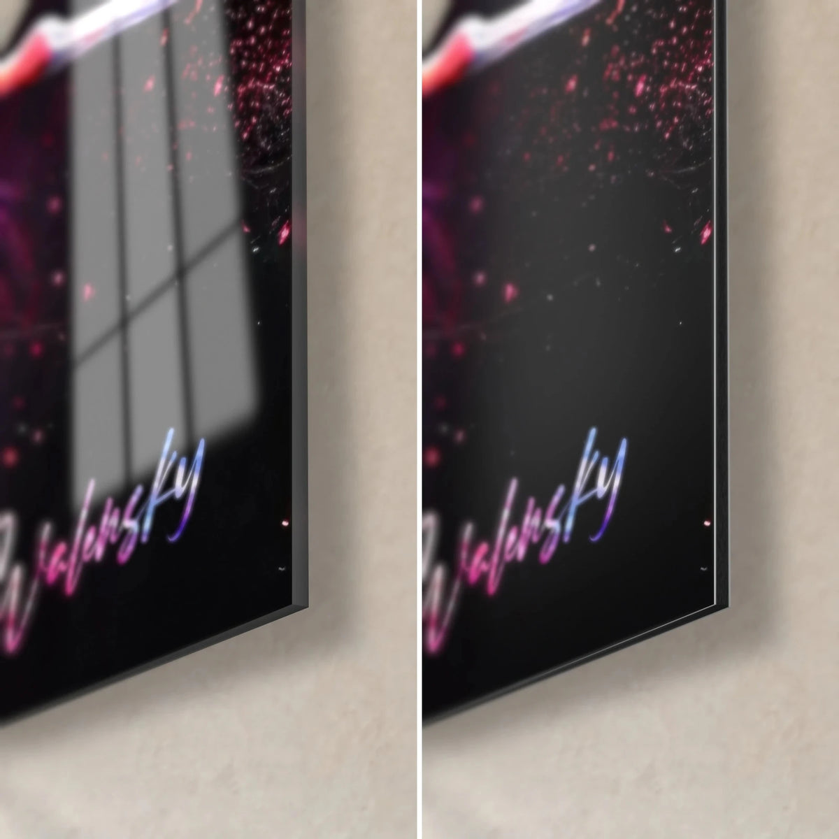 Gemälde Flamingos, untere rechte Ecke: glänzendes Acrylglas mit Reflexen, mattschwarzes Alu-Dibond, 3 mm Stärke