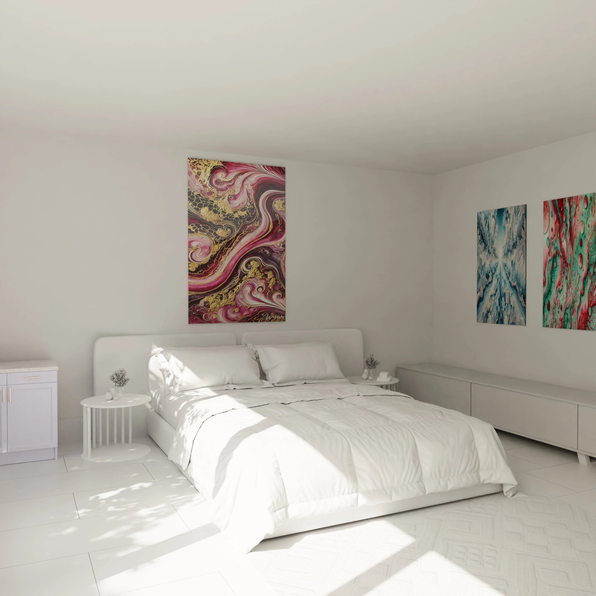Le tableau style epoxy accroché au-dessus du lit dans la chambre, ses nuances pourpres et dorées créent une ambiance apaisante et sophistiquée, idéale pour une touche d'élégance.

