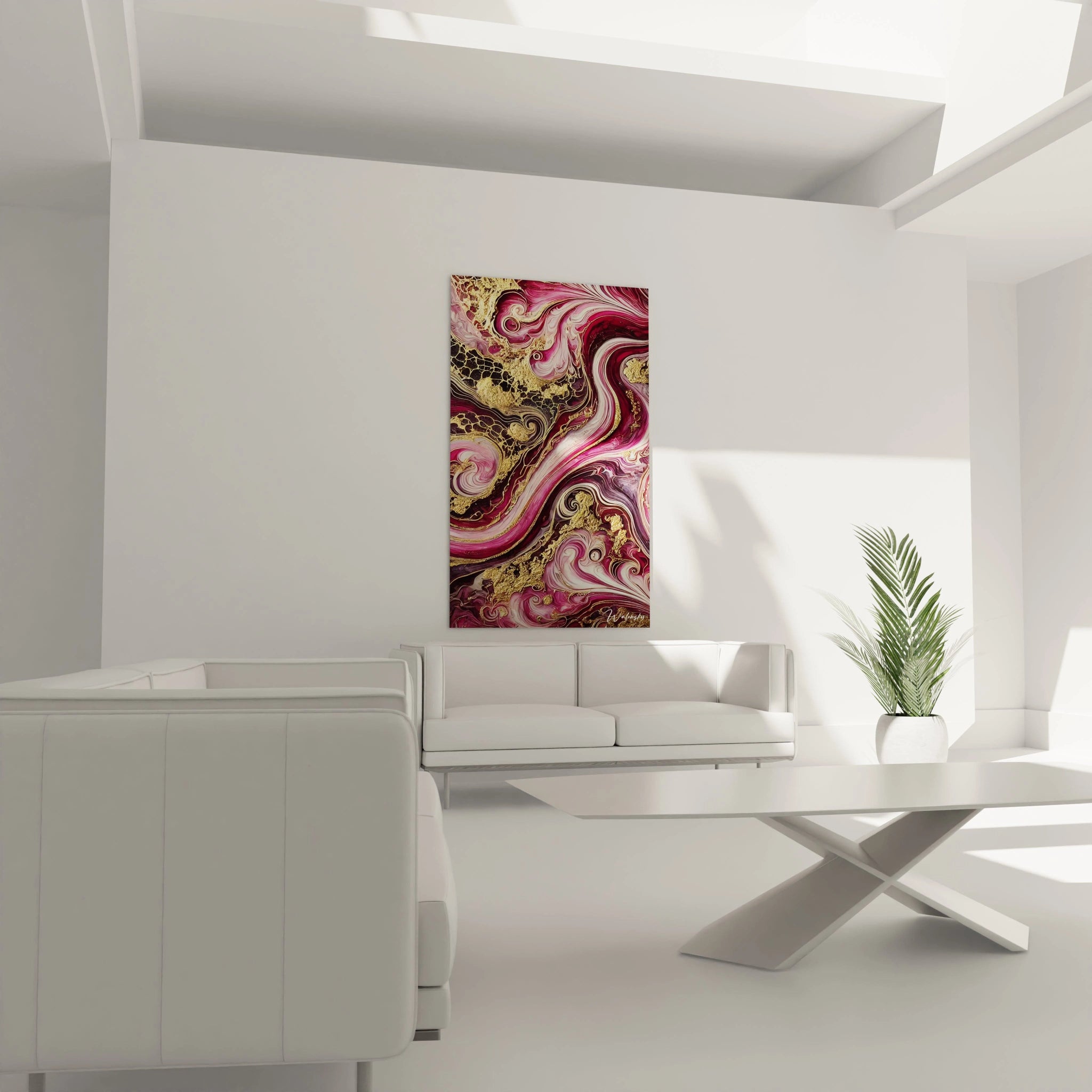 Tableau style epoxy suspendu dans un salon moderne, au-dessus du canapé. Les courbes sinueuses et l’éclat doré apportent une énergie vibrante, transformant l’espace en un lieu dynamique.

