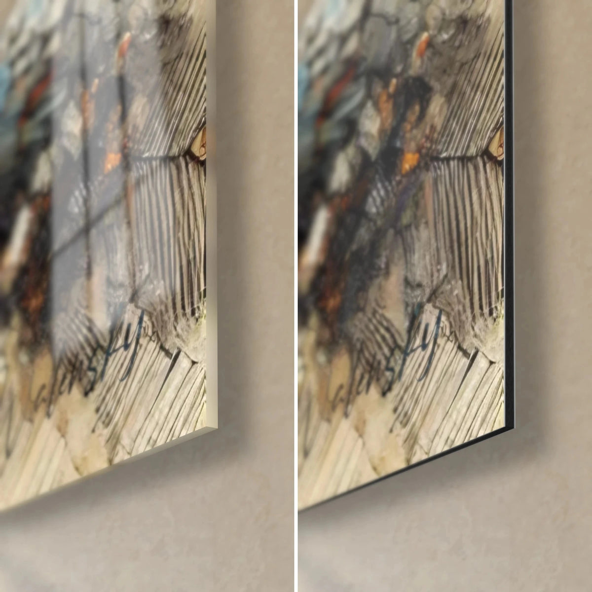 Wall art small dozing squirrel, bottom right corner: golden leaves and bluish bark, glossy glass on the left, matte Dibond on the right