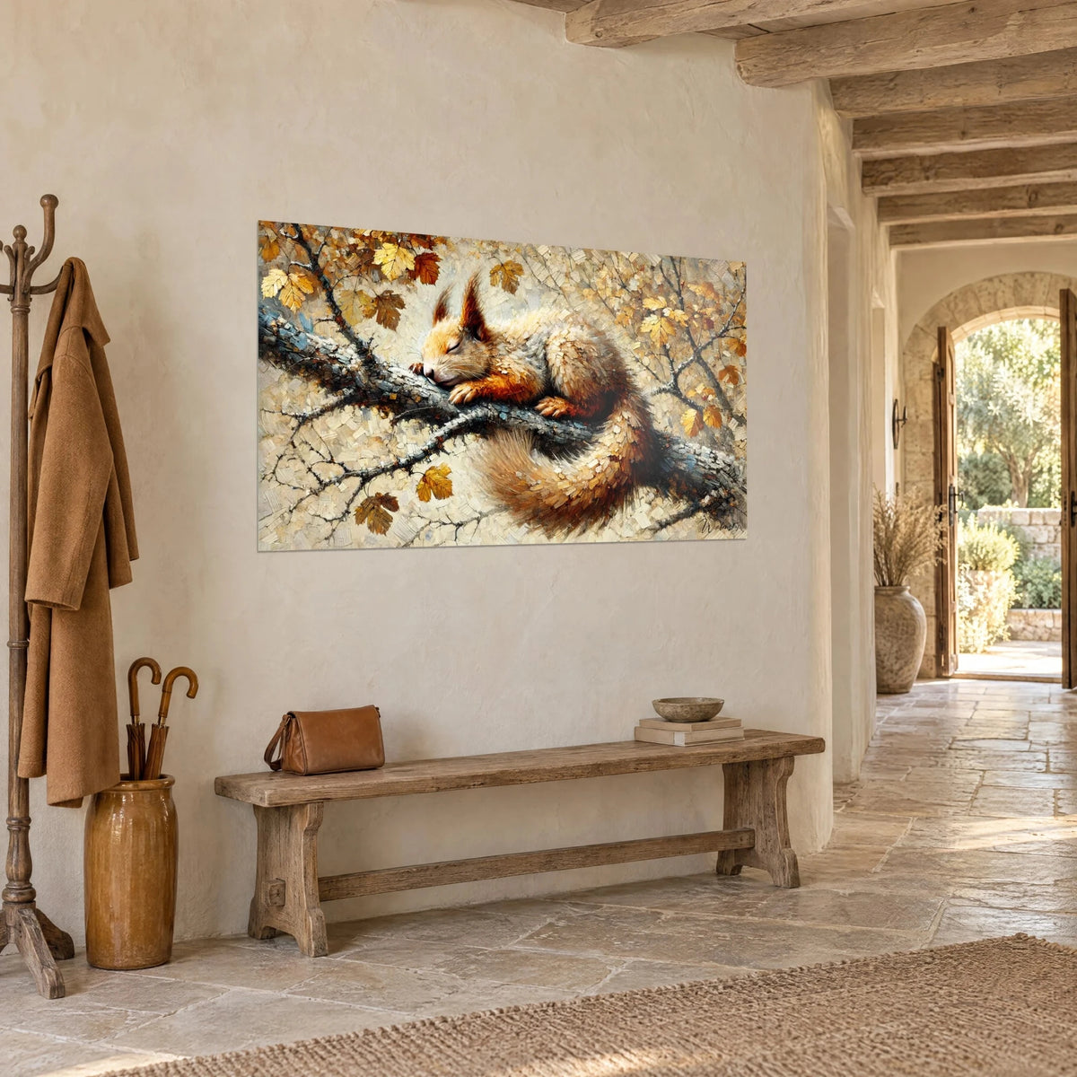 Wall art bushy-tailed rodent curled up on a grey branch, yellow and orange foliage, vaulted stone corridor
