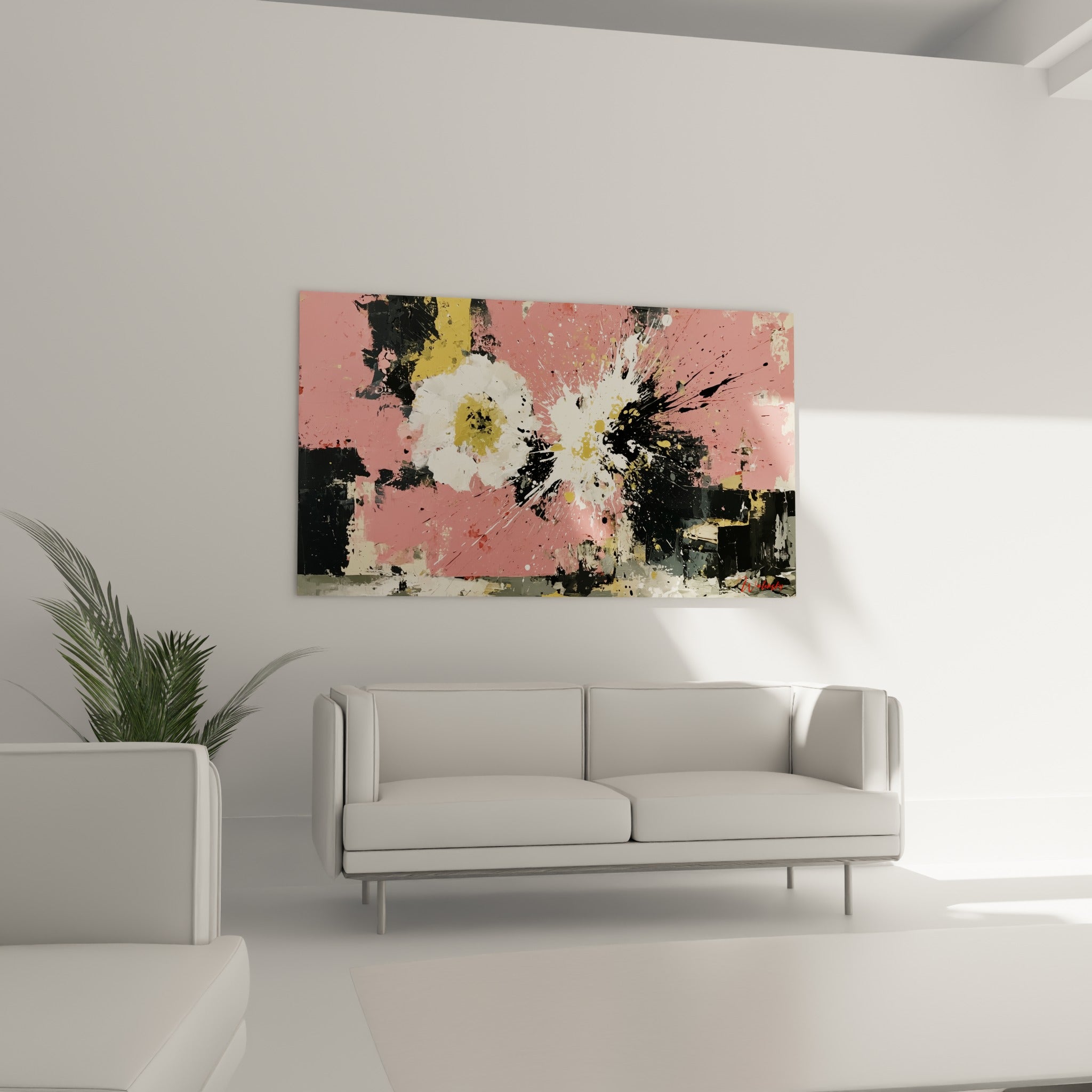 Fleur abstraite aux pétales blancs et projections noires, suspendue au-dessus d'un canapé dans un salon lumineux