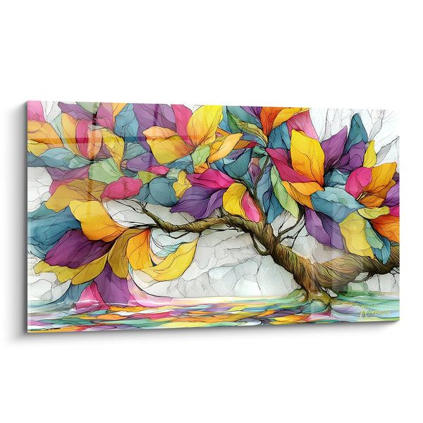 Tableau Arbre fleuri jaune et pourpre au tronc noueux - Reflet coloré sur l'eau - Edition fleur abstrait