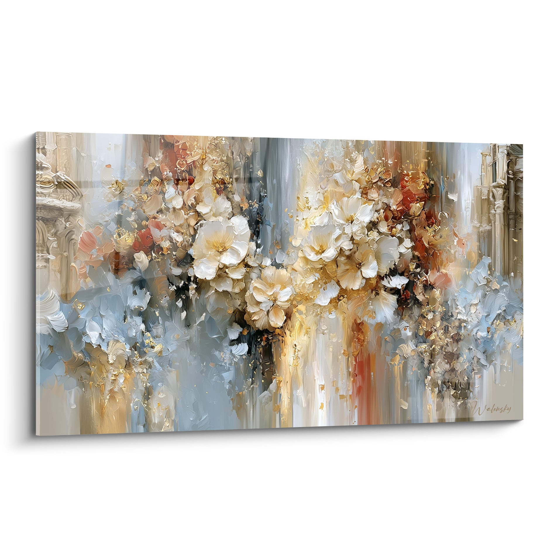 Fleurs blanches et dorées en coulures verticales, tableau fleur abstrait bleu ardoise et terracotta