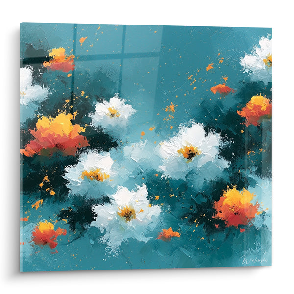 Tableau Fleurs blanches sur fond bleu pétrole - Éveil nocturne - Edition fleur abstrait