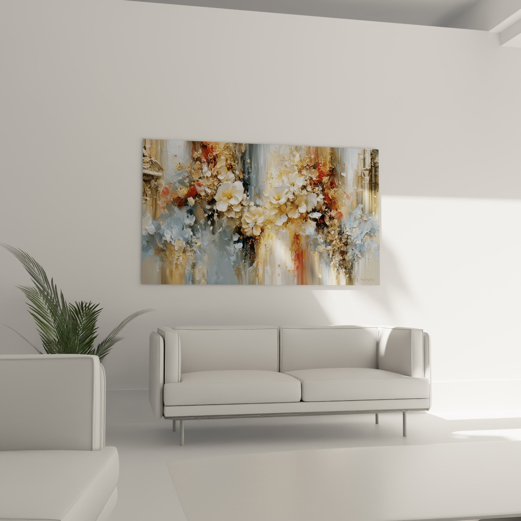 Pétales blancs et éclats terracotta se mêlent au gris, tableau fleur abstrait au-dessus d'un canapé dans un salon lumineux