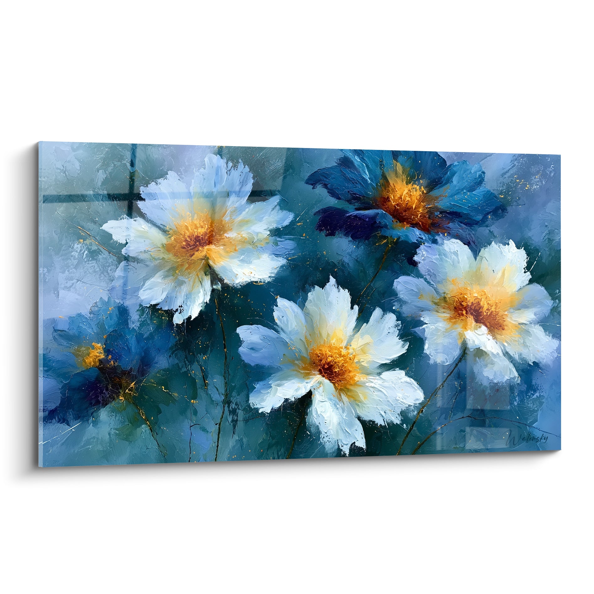 Fleurs blanches et bleu marine aux cœurs dorés, peinture à larges touches de spatule