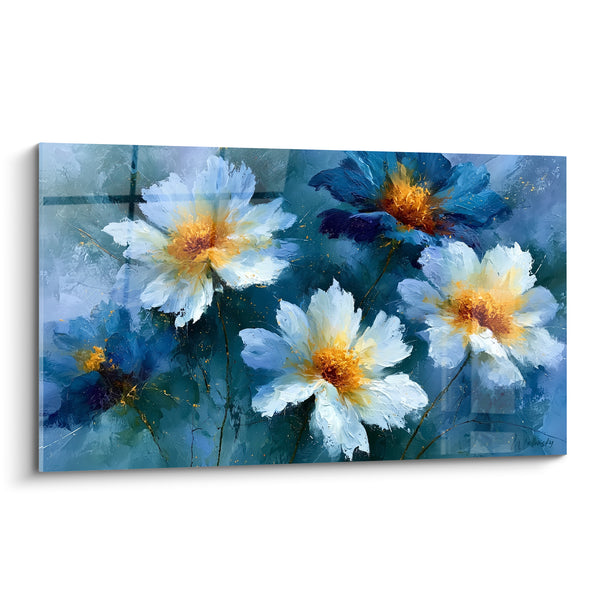 Tableau Fleurs blanches et bleues aux cœurs safranés - Tiges fines dorées - Edition fleur abstrait