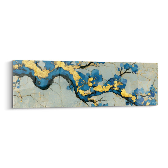 Tableau Branche fleurie bleue et dorée sur fond craquelé - Écorce fissurée argentée - Edition fleur abstrait