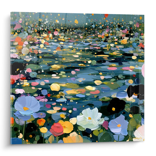 Tableau Nymphéas bleu marine et jaune doré - Étang en fleurs - Edition fleur abstrait