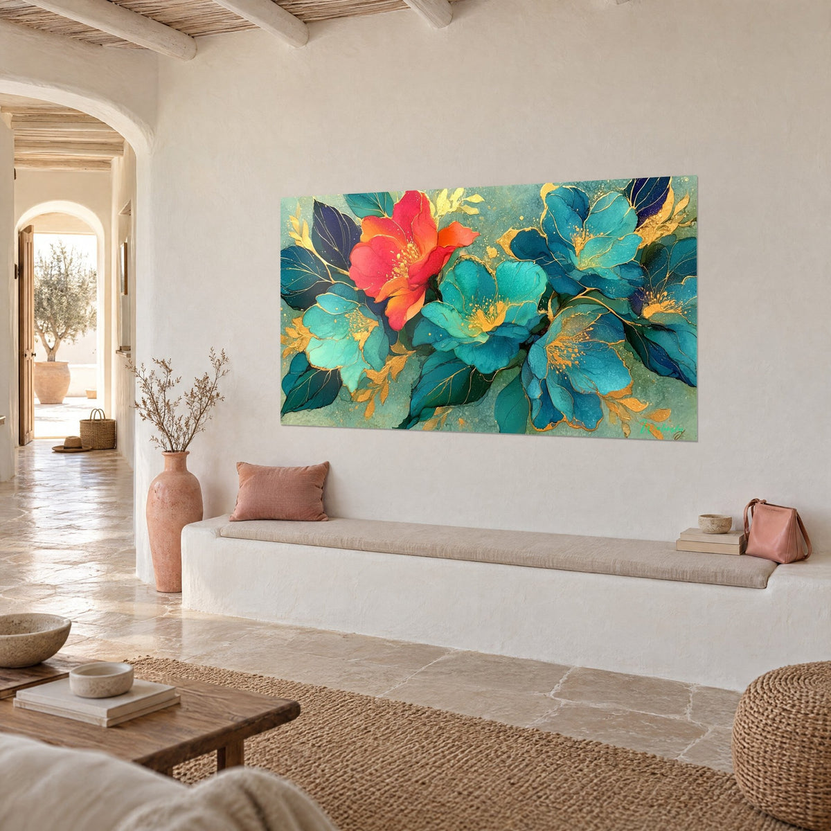Schilderij abstracte bloei in koraalrood en eendenblauw, gouden meeldraden, driekwartzicht naast een witte bank
