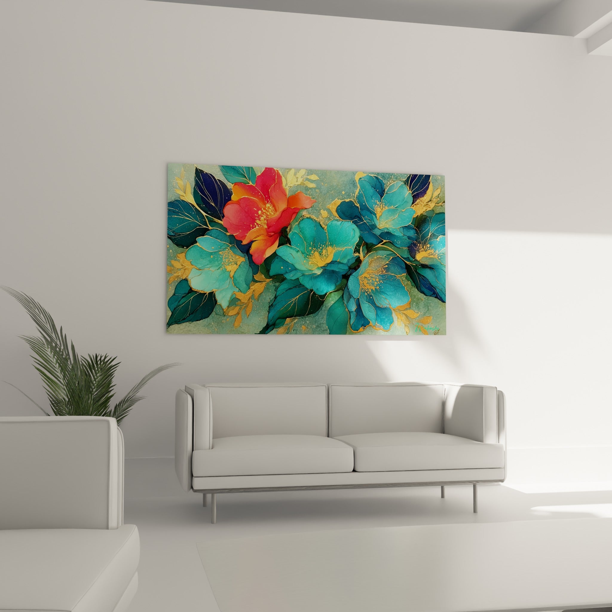 Composition florale abstraite bleu paon et corail, feuilles émeraude, au-dessus d'un canapé dans un salon lumineux