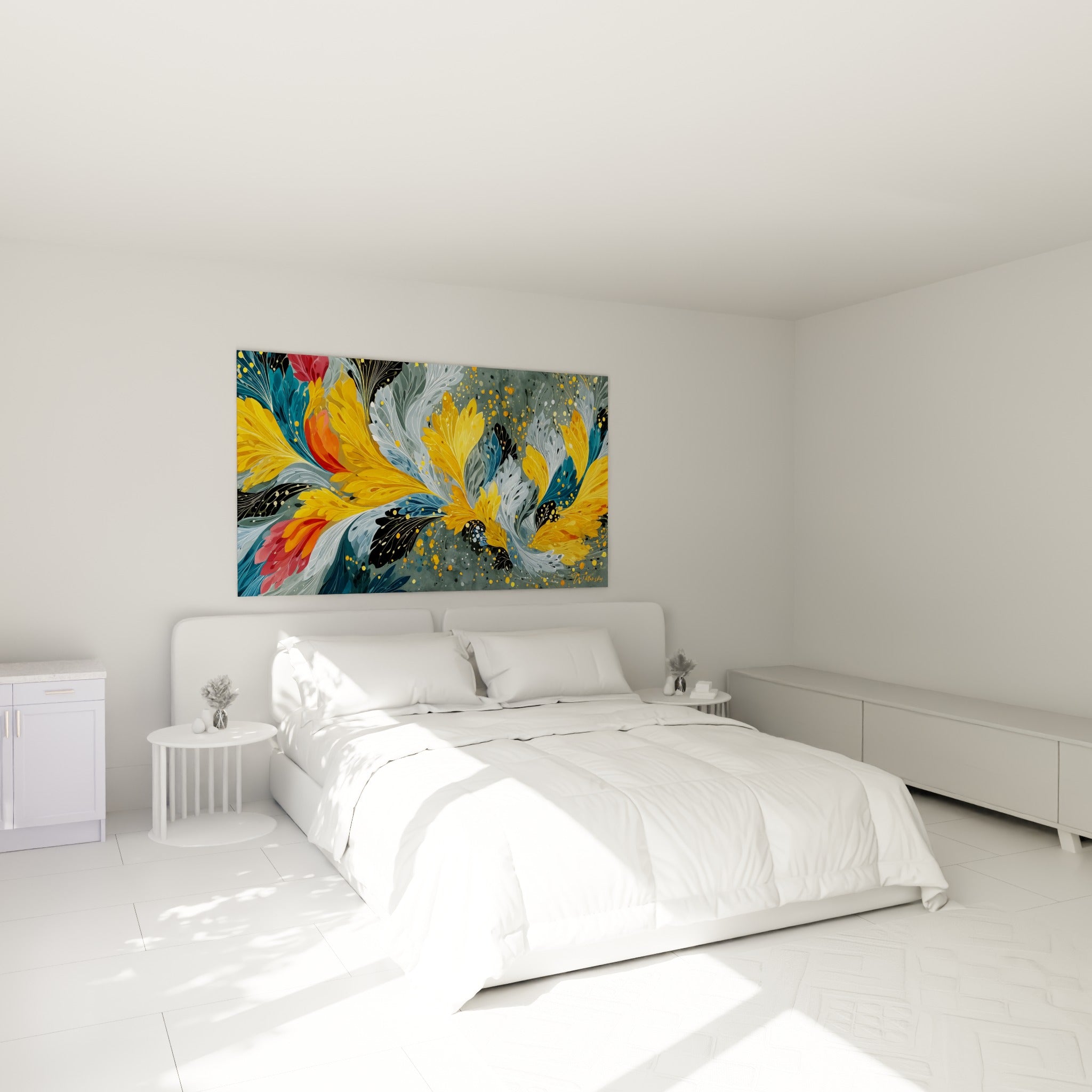 Envolée végétale dorée et bleu pastel du fleur abstrait au-dessus d'un lit dans une chambre claire