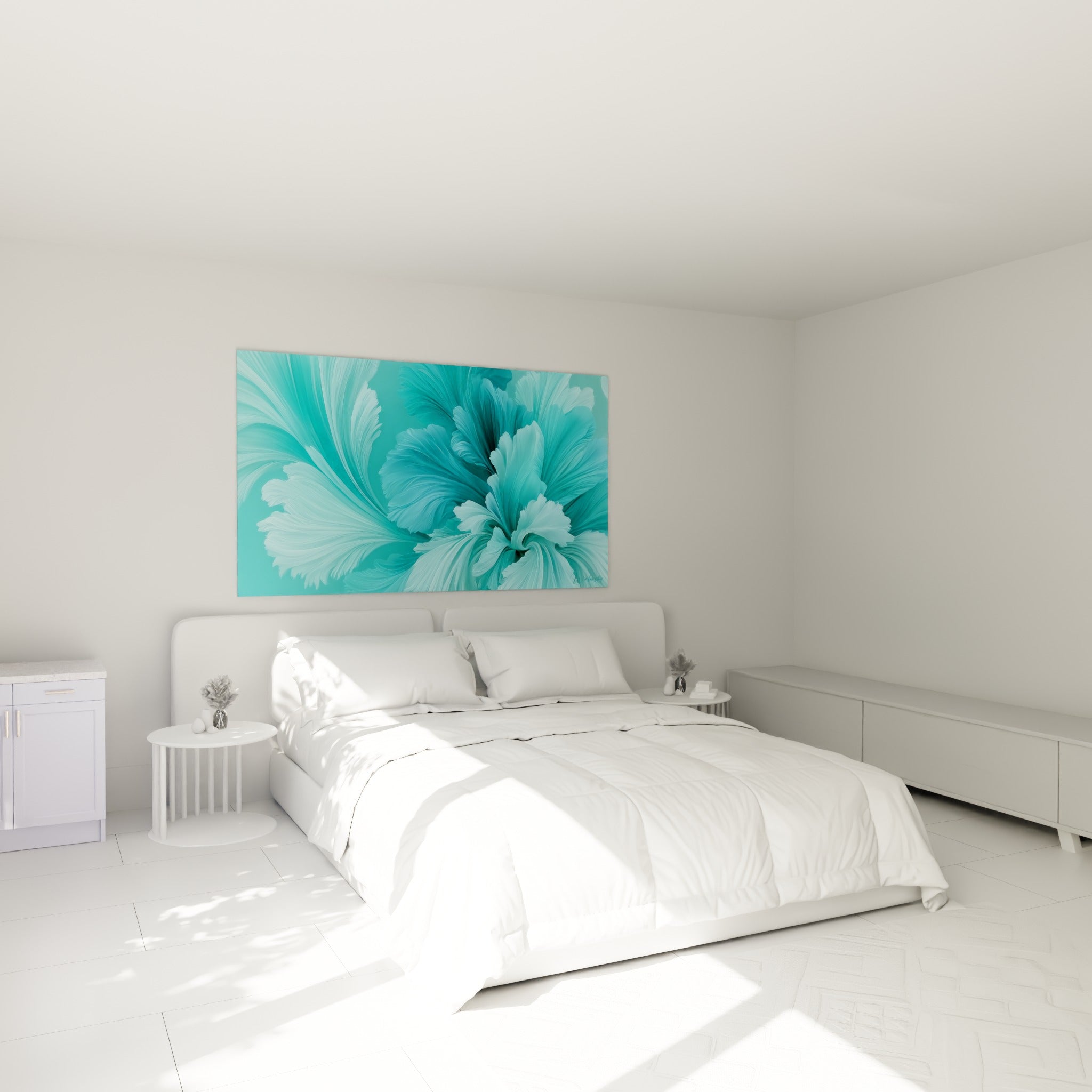 Pétales turquoise et menthe glacée d'une fleur abstraite au-dessus d'un lit dans une chambre claire