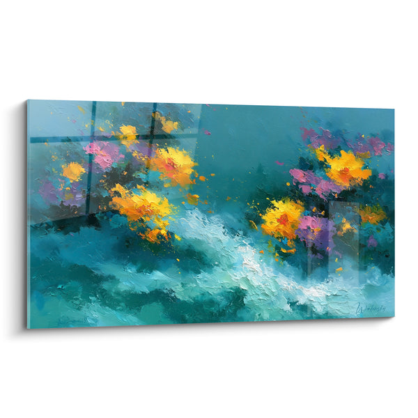 Tableau Fleurs abstraites bleu sarcelle et jaune safran - Éclosion sur l'écume - Edition fleur abstrait