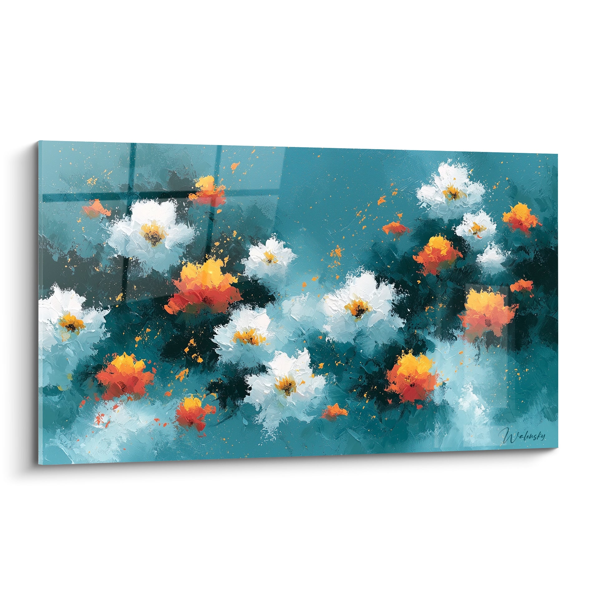 Fleurs blanches et orange sur fond bleu sarcelle, tableau fleur abstrait à la touche empâtée