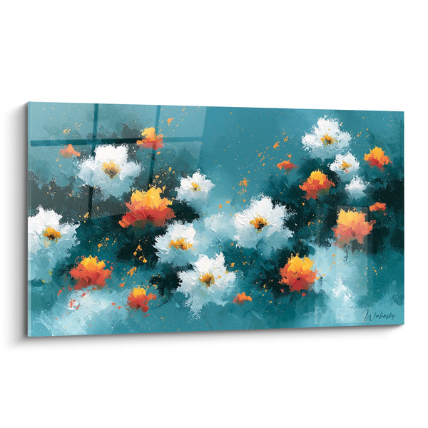 Tableau Fleurs blanches et orange sur fond bleu sarcelle - Éclosion nocturne - Edition fleur abstrait