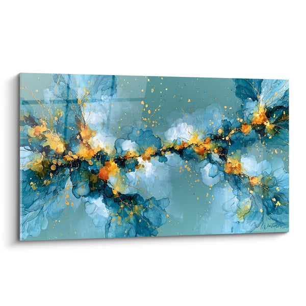 Tableau Ramure florale bleu turquoise et doré - Éveil végétal - Edition fleur abstrait