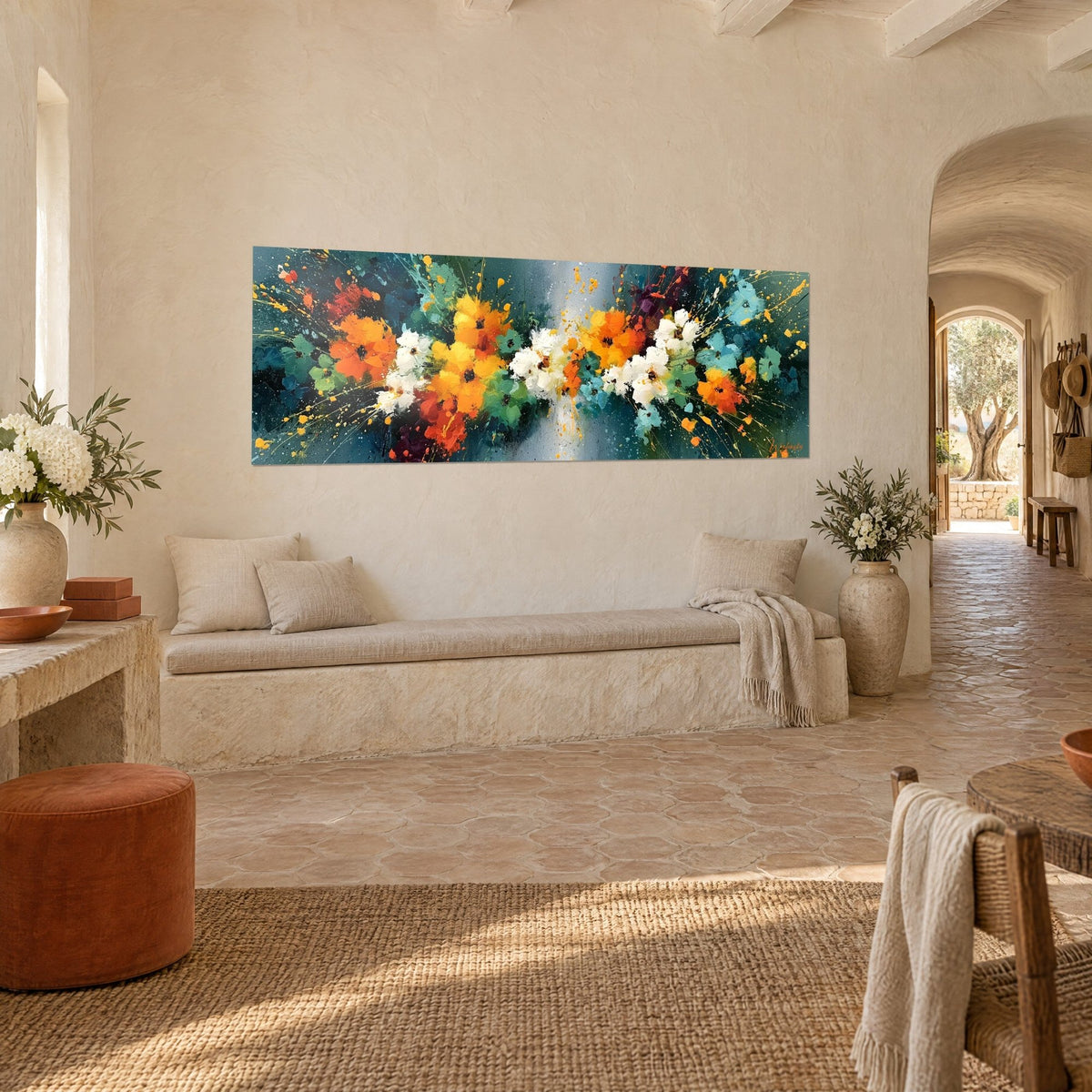 Wall art abstract fan-shaped flowers, saffron and turquoise petals around a grey brushstroke, stone bench, Provençal farmhouse