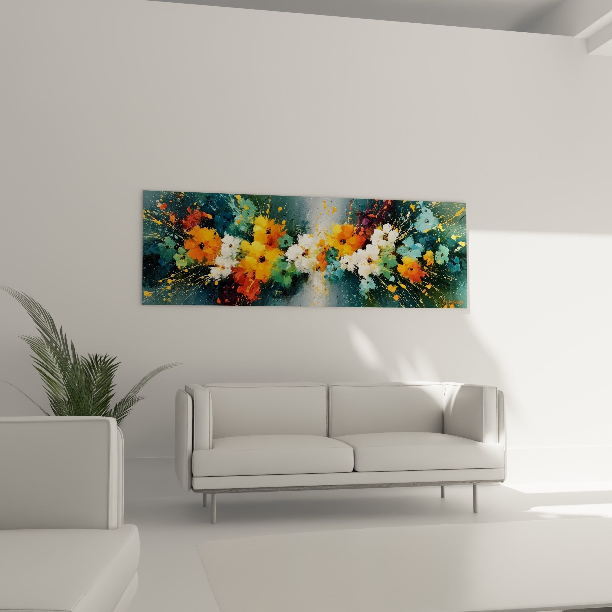 Bouquet abstrait aux teintes orange et bordeaux, au-dessus d'un canapé dans un salon lumineux