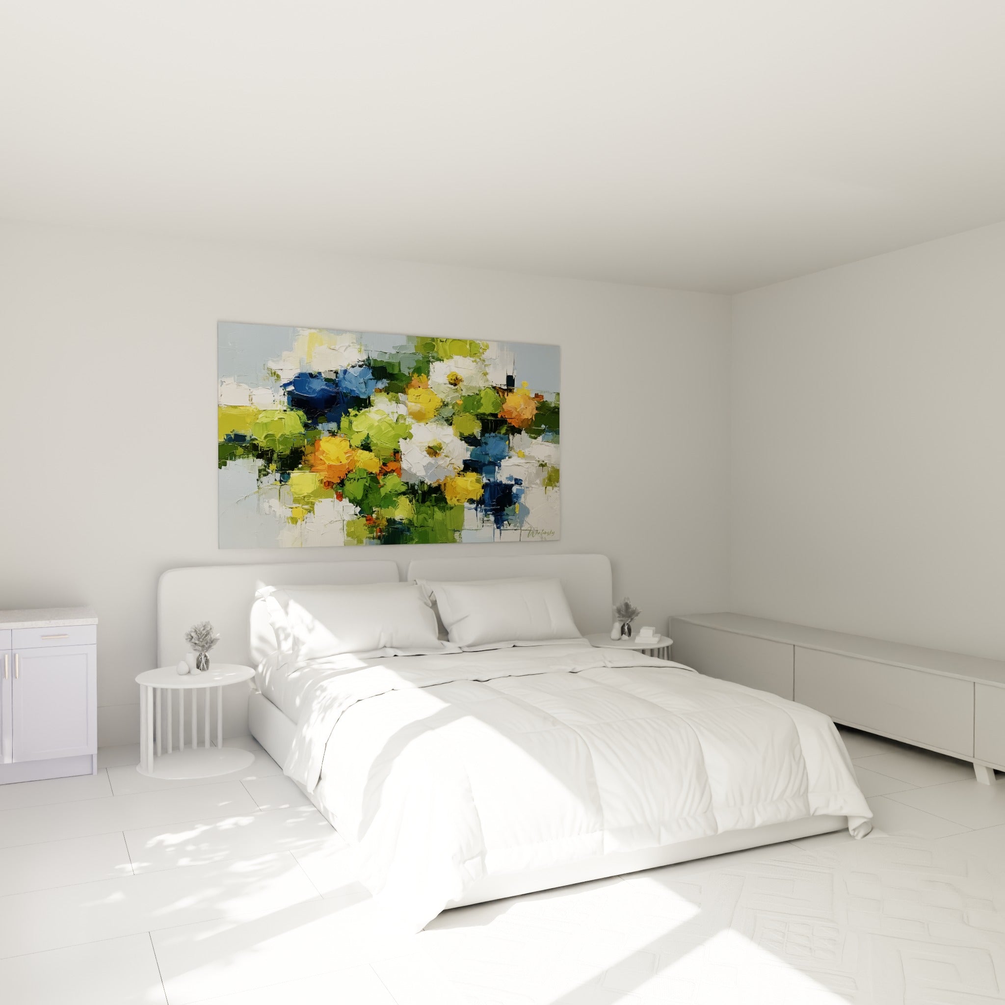 Fleurs jaunes et blanches de ce tableau fleur abstrait accrochées au-dessus d'un lit dans une chambre claire