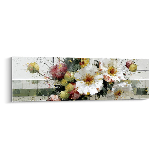 Tableau Bouquet blanc et rose sur fond rayé - Boutons jaune pâle - Edition fleur abstrait