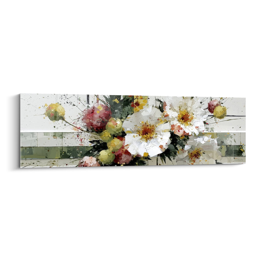 Tableau Bouquet blanc et rose sur fond rayé - Boutons jaune pâle - Edition fleur abstrait
