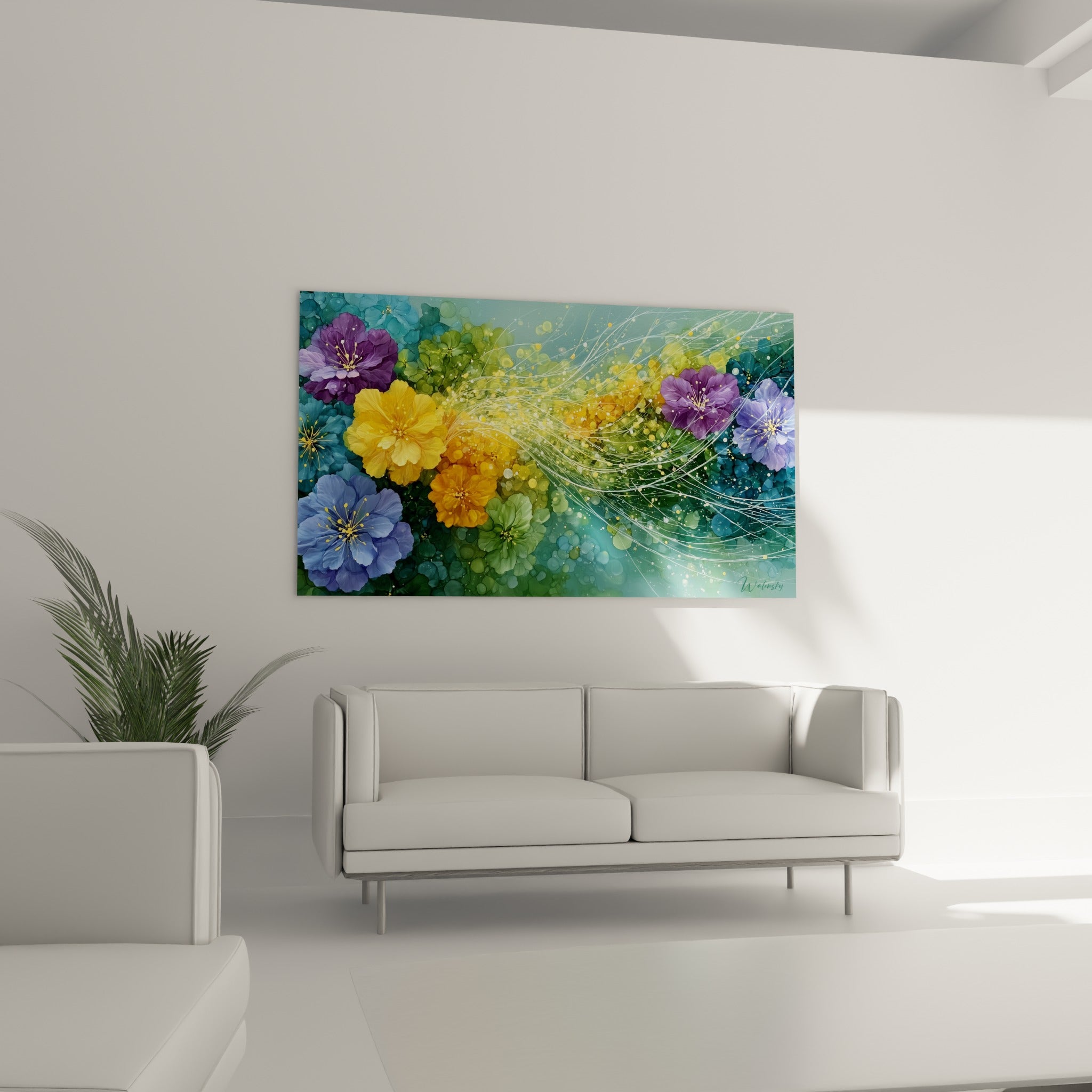 Bouquet mauve et doré de cette fleur abstrait, disposé au-dessus d'un canapé dans un salon lumineux