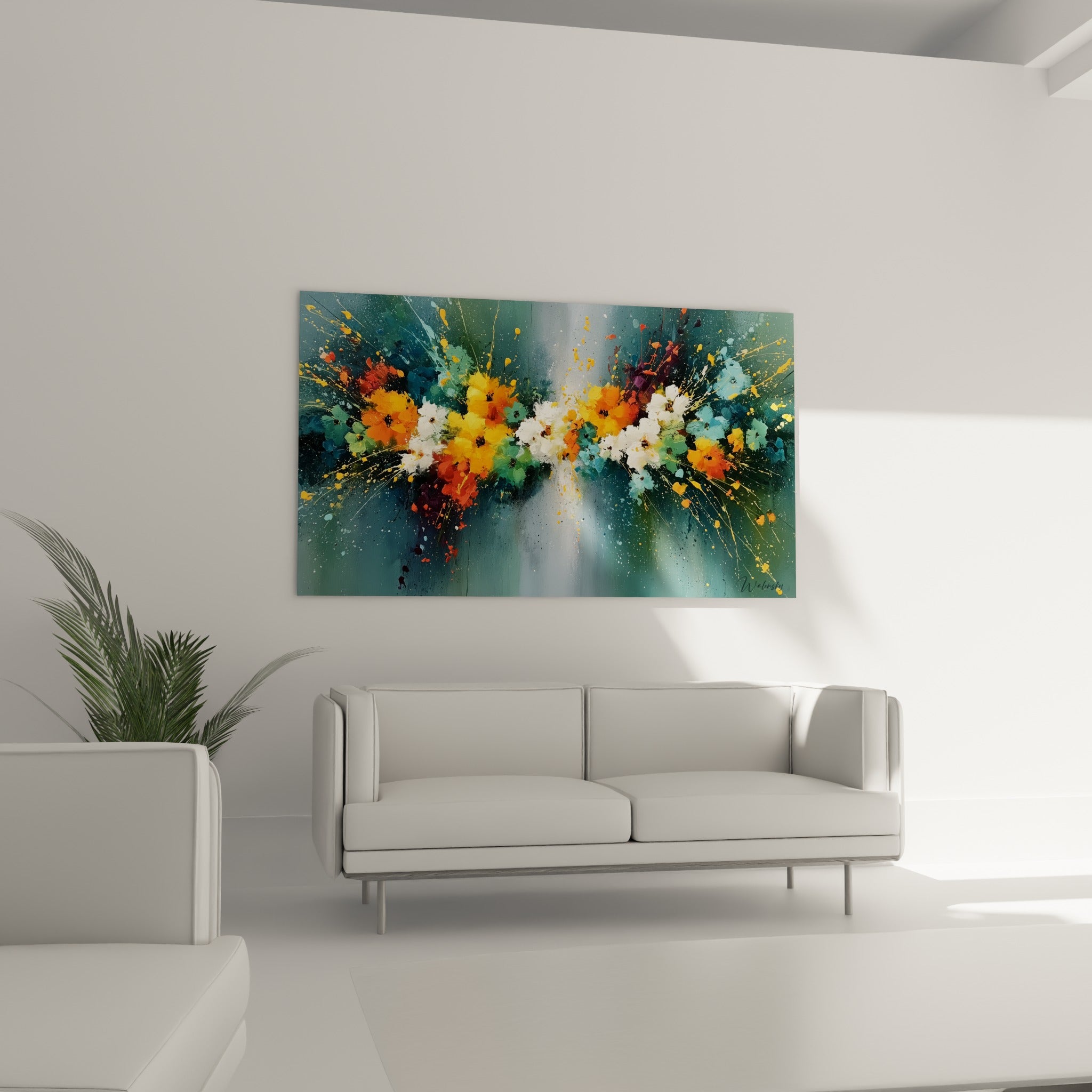Guirlande florale orange, blanche et bordeaux, tableau fleur abstrait au-dessus d'un canapé dans un salon lumineux