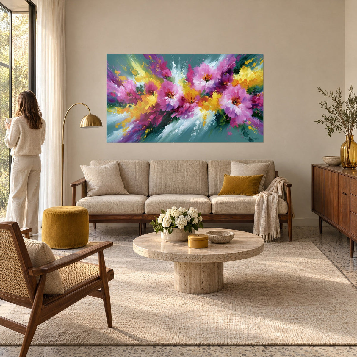 Cuadro ramo de peonías en rosa y amarillo sobre fondo verde grisáceo, pinceladas vivas, encima de un sofá en un salón luminoso