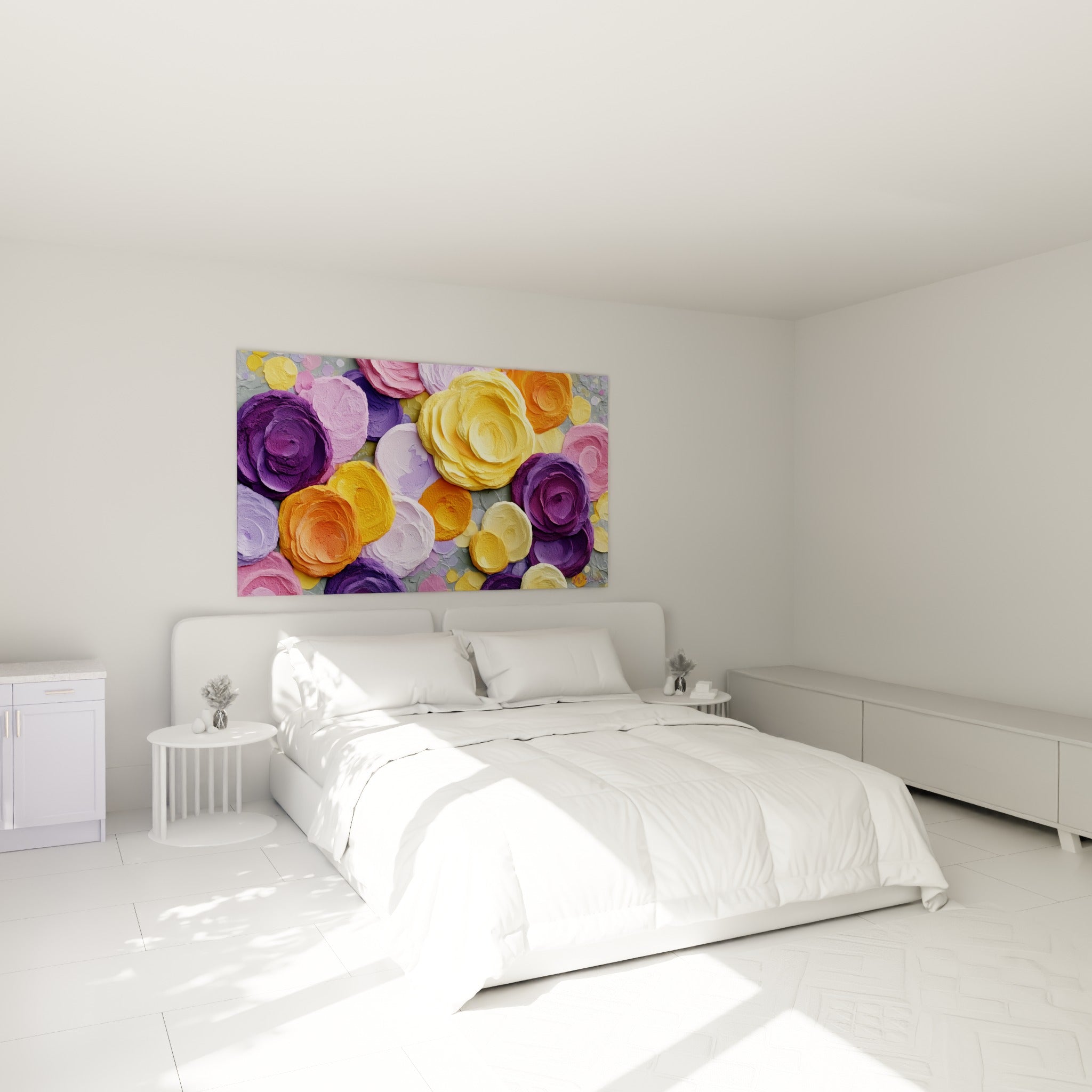 Bouquet mauve et doré du tableau fleur abstrait accroché au-dessus d'un lit dans une chambre claire
