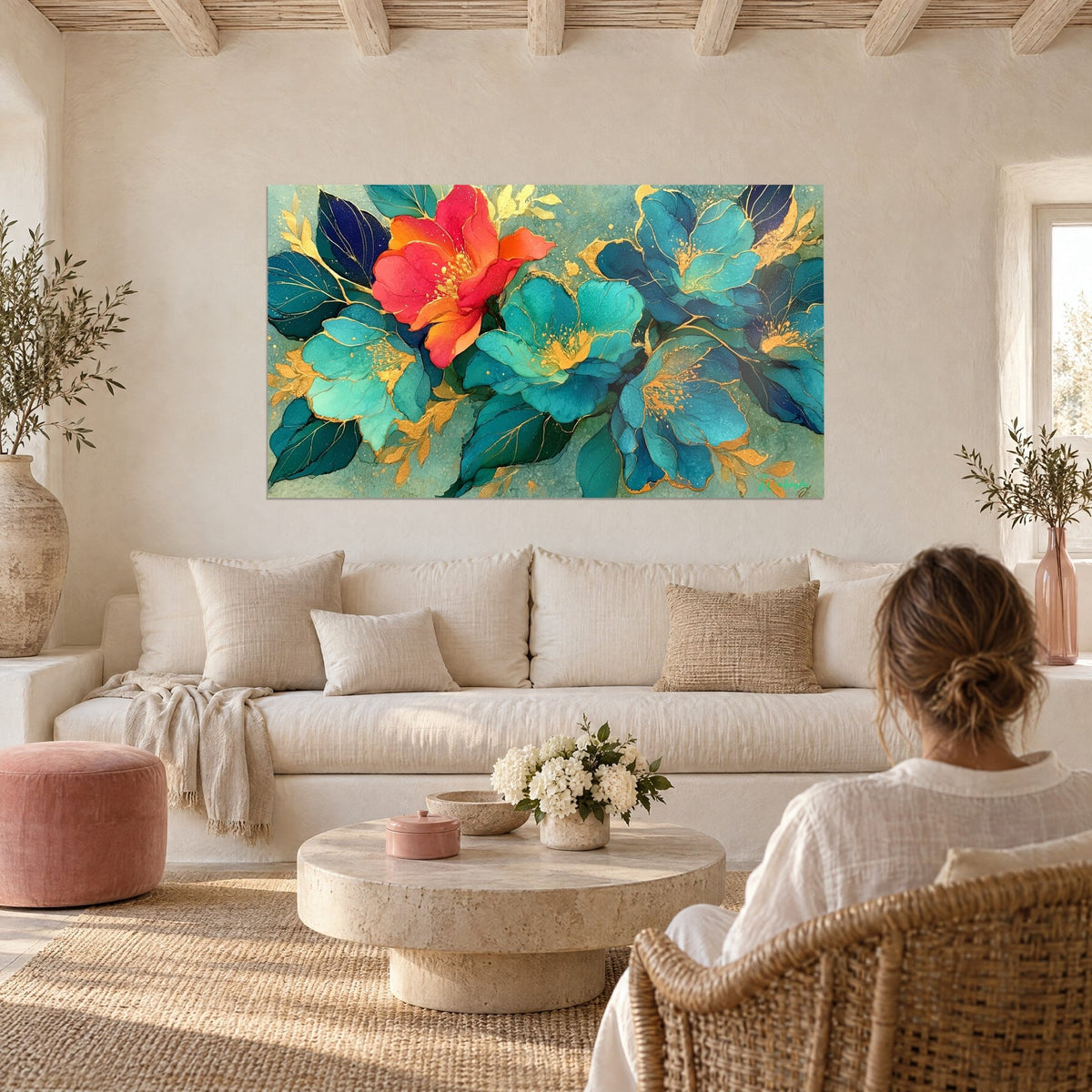 Schilderij grote bloem in koraal en oranje, turquoise bloemblaadjes met gouden nerven, twee vrouwen met hun rug naar de kijker boven een bank in een lichte woonkamer