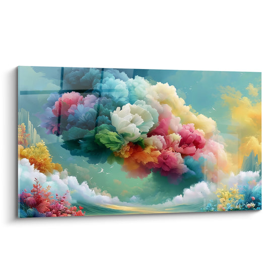 Tableau Bouquet nuageux rose et turquoise flottant - Songe printanier - Edition fleur abstrait