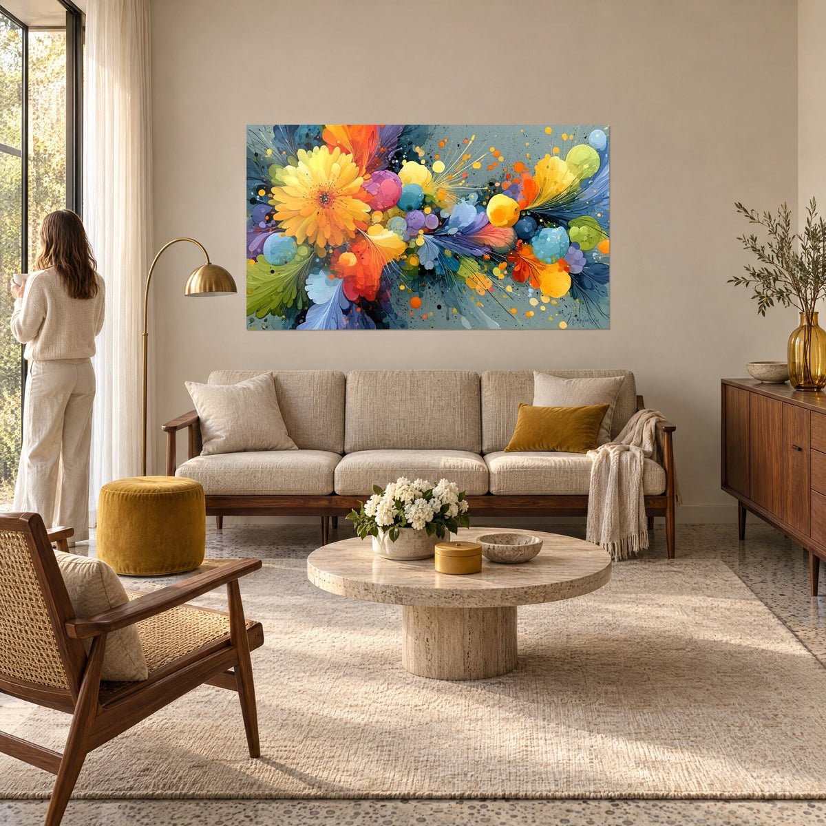Quadro margherita dorata con petali arancioni su sfondo grigio-azzurro, donna di spalle, sopra un divano in un soggiorno luminoso