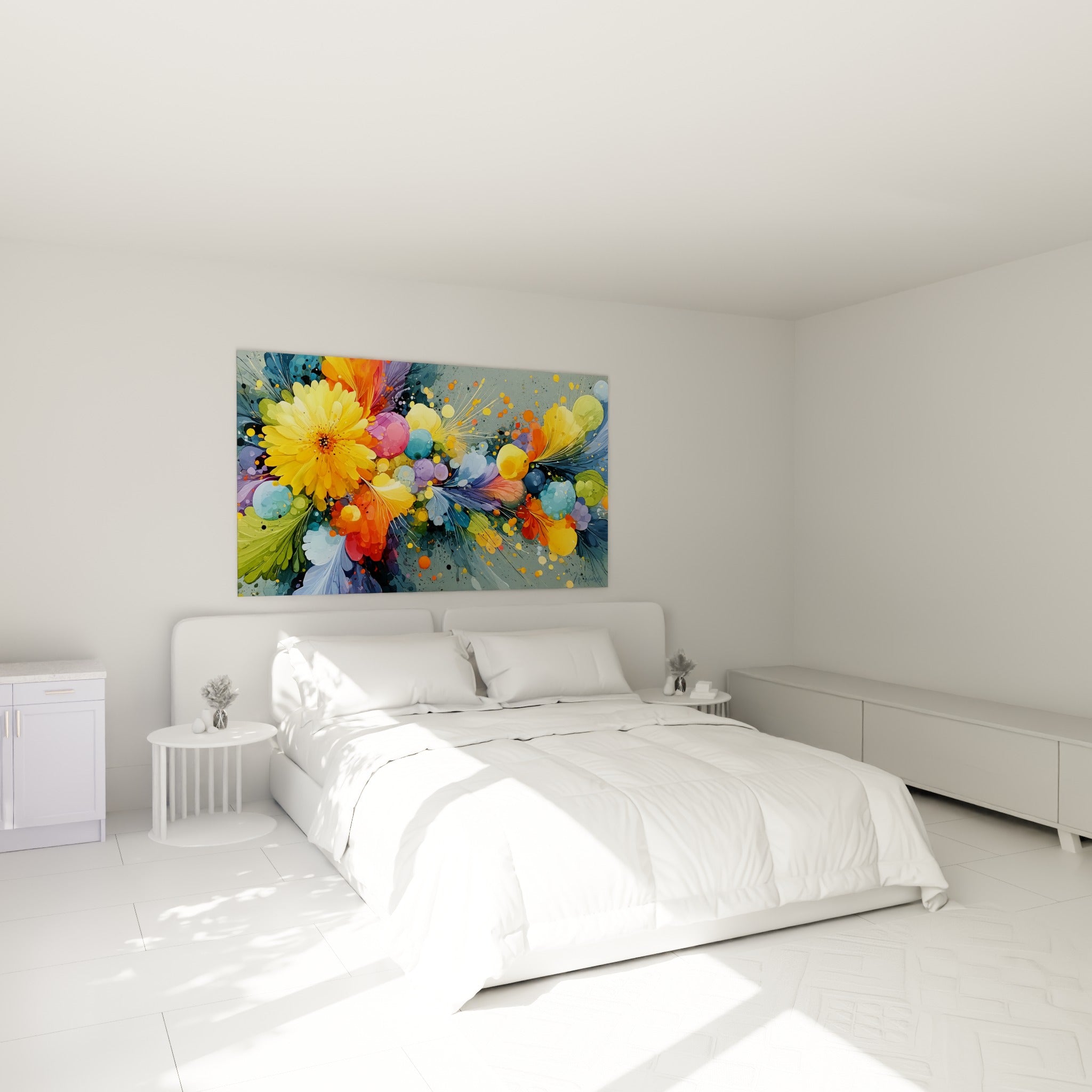 Bouquet abstrait jaune et violet aux éclats bleutés, accroché au-dessus d'un lit dans une chambre claire
