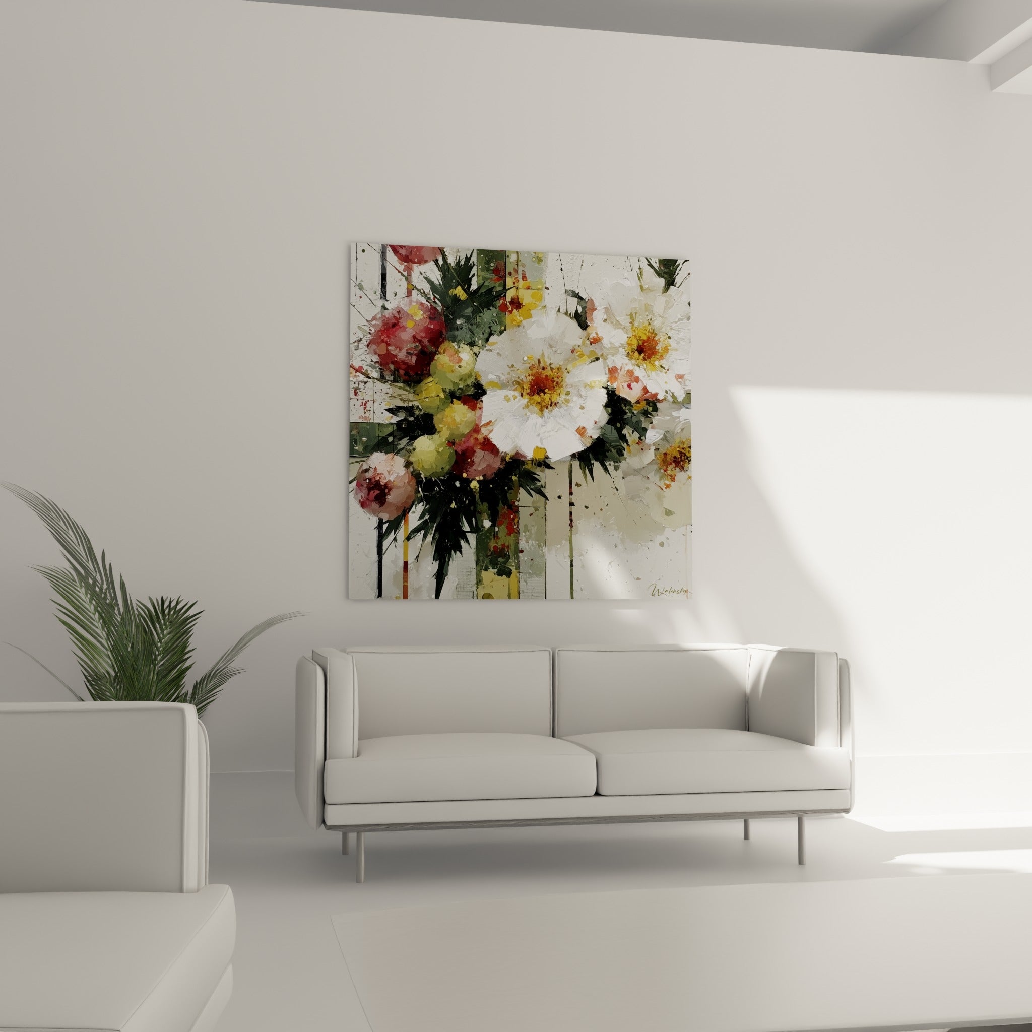 Pétales blancs et boutons rose corail peints en relief, au-dessus d'un canapé dans un salon lumineux