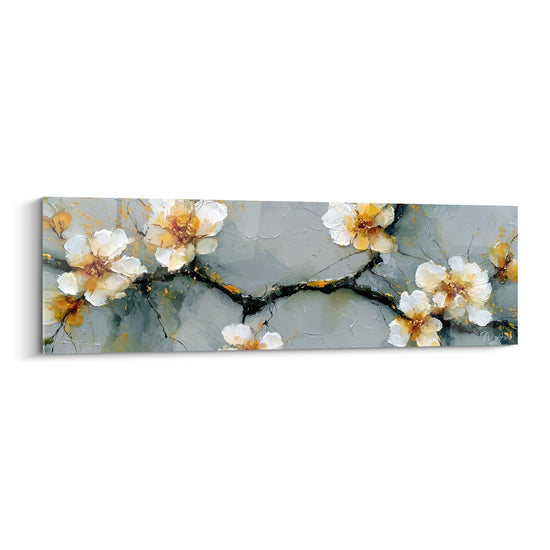 Tableau Branche fleurie blanche et dorée sur fond grisé craquelé - Cœurs pourpres nervurés - Edition fleur abstrait