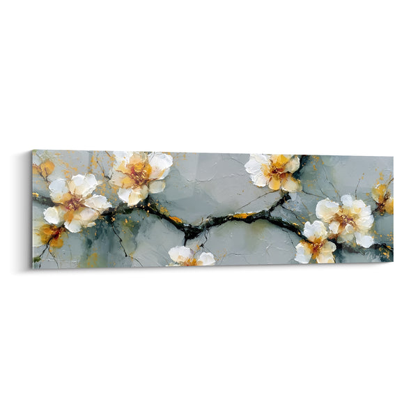 Tableau Branche fleurie blanche et dorée sur fond grisé craquelé - Cœurs pourpres nervurés - Edition fleur abstrait