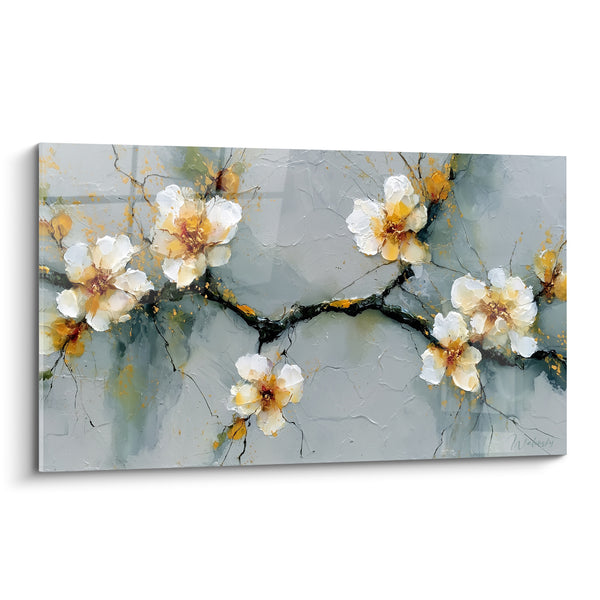 Tableau Branche fleurie blanche et dorée sur fond gris - Éveil printanier - Edition fleur abstrait