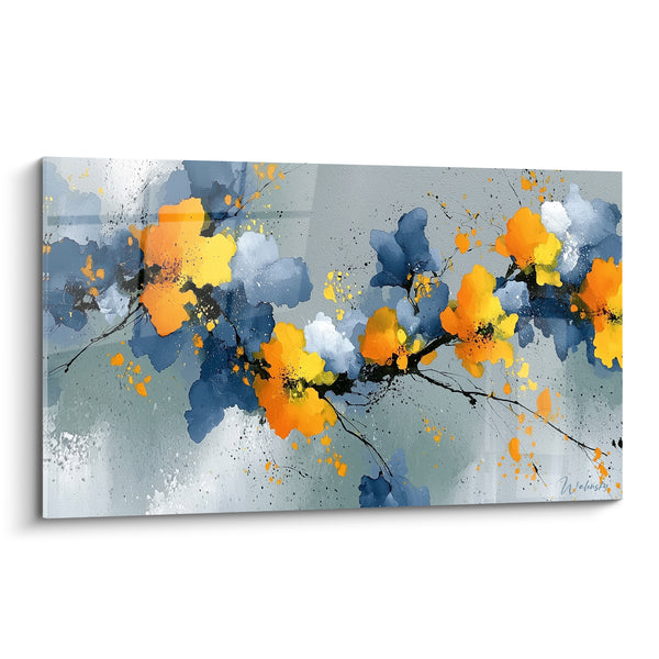 Tableau Branche fleurie orange et bleu marine sur fond gris - Éclaboussures encre noire - Edition fleur abstrait