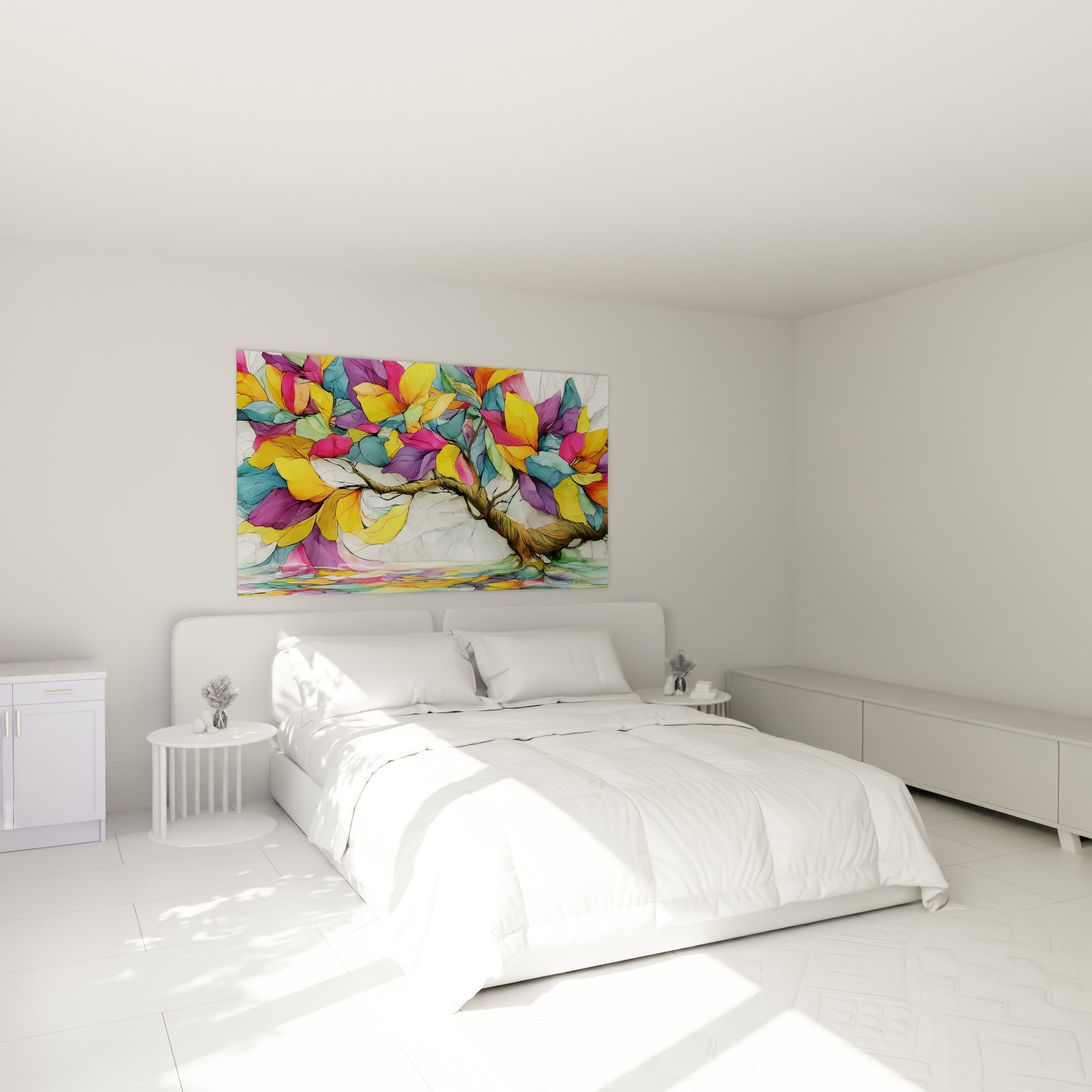 Branches colorées jaune et fuchsia se déployant au-dessus d'un lit dans une chambre claire
