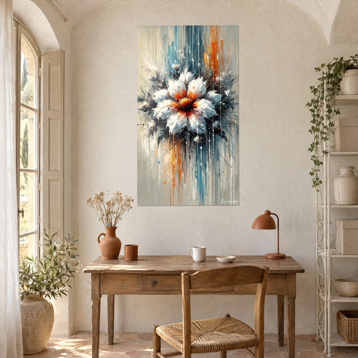 Πίνακας floral έκρηξη με λευκά πέταλα, σταγόνες μπλε και πορτοκαλί μπογιάς, πάνω από ξύλινο γραφείο μιας αγροικίας