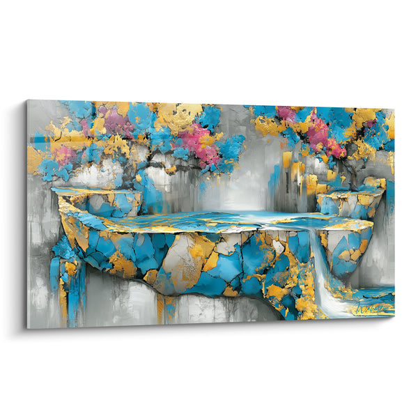 Tableau Cascade rocheuse turquoise et dorée sous arbres fleuris - Île suspendue fracturée - Edition fleur abstrait