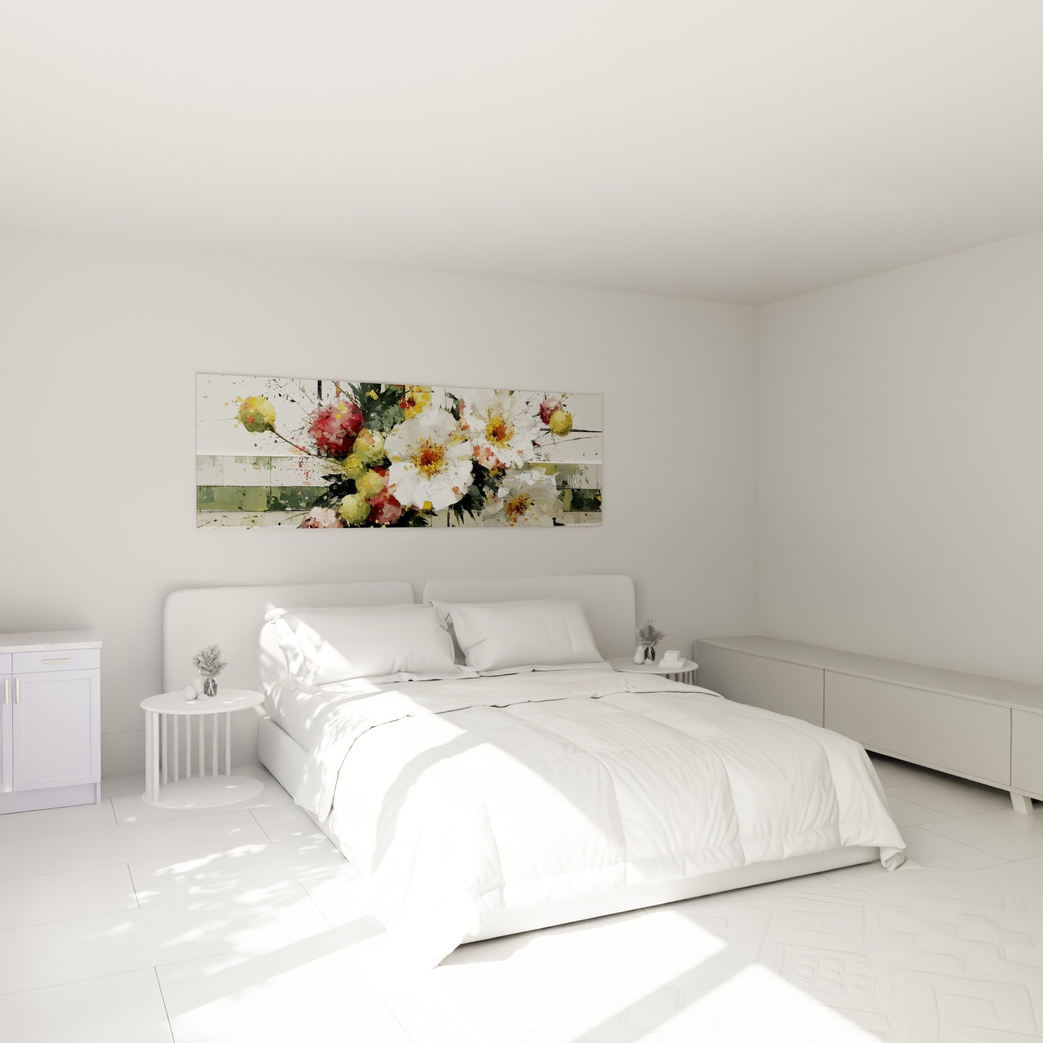 Fleurs blanches et roses peintes en empâtements épais au-dessus d'un lit dans une chambre claire